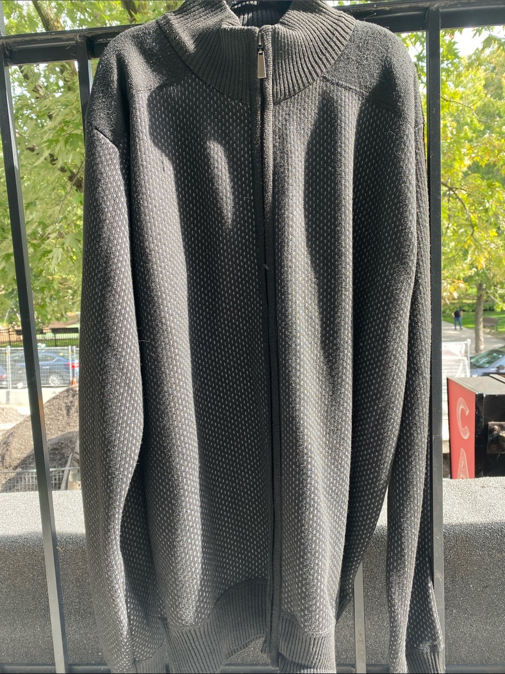 Men's Black Full-Zip Textured Knit Sweater